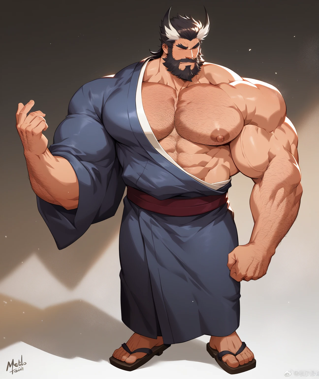Solo, male focus, 1boy. Huge muscular old man in nigh street city, absurdly muscular, absurdly muscle size, photography, half body, flare lights, bur background, old man, thick arm, huge arm, bearded. White hair and long beard, bearded, muscular, pectoral, wide pectoral, large pectoral, realistic, 8k, masterpiece, (wearing white fundoshi, and shirtless, topless, geta, wooden sandals)