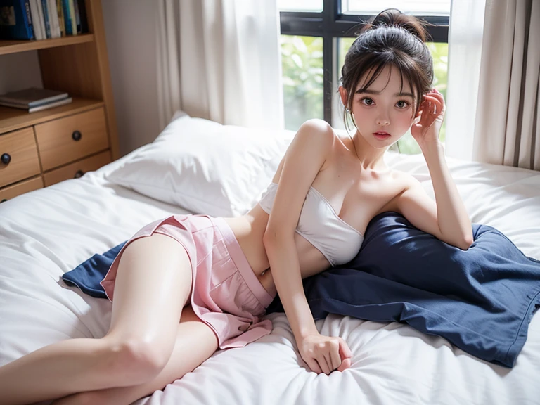(Off-the-shoulder chiffon shirt, skirt, thigh: 1.3), ((of the highest quality, 8K, masutepiece: 1.3, Raw photo)), Sharp Focus: 1.2, (1 AESPA Girl :1.1), (Solo: 1.1), (Realistic, Photorealistic: 1.37), (Face Focus: 1.1), Cute face, hyperdetailed face, Short messy hair, updo, nude, Small breasts, flat chest, (lying on the bed, arms up, spread legs: 1.2)