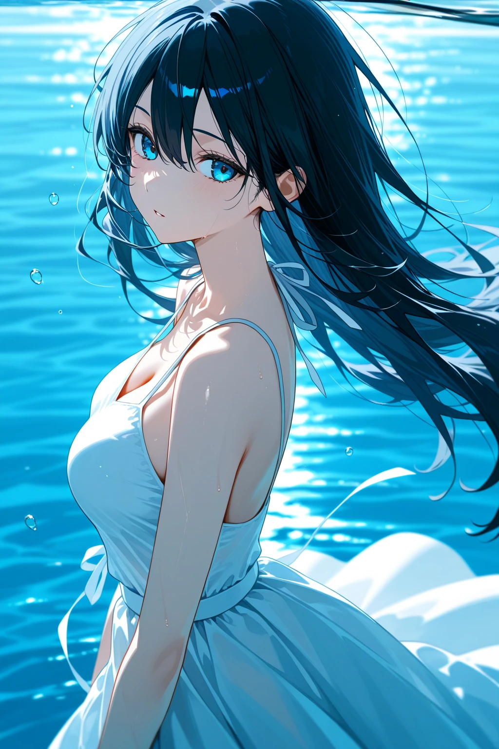 (Highly detailed CG、Unity、8k wallpaper)、(Very delicate and beautiful)、(masterpiece)、(Highest quality:1.0)、(超High resolution:1.0)、Beautiful lighting、Perfect Lightning、Realistic Shadows、[High resolution]、Detailed skin、Ultra-detailed、Detailed face and eyes、Realistic eyes、Sharp pupils、Floats on water、take a nap in the water、take a nap in the water、bluish bangs、drifting、A girl in a white dress floating in the deep sea、Life at sea、Shining a light、Underwater Scene、Abysmal、water flowing