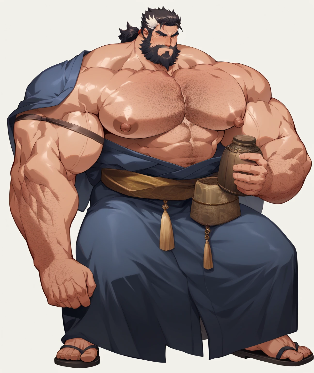 A burly, virile, and hairy dwarf, exuding the irresistible charm of a himbo muscle daddy. His middle-aged features, adorned by a long, bushy beard and a thick mustache, reveal a life of experience and adventure. His body, sculpted into a warrior's build and a bodybuilder's physique, is a testament to his unyielding dedication to physical fitness. The hair on his chest and belly forms a carpet of thick fur, while his hairy arms and legs are adorned with a natural, untamed layer of hirsute. Every muscle on his overmuscular and musclebound frame is defined and bulging, veins pulsing beneath the surface, hinting at his incredible strength. Despite his advanced age, his grey hair only adds to his handsome and dreamy appearance.