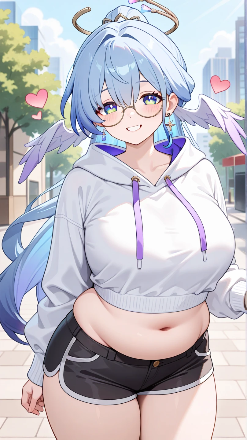 1girl, solo, long hair, very long hair, purple eyes, white ,hair, stomach, navel, medium breast, hair between eyes, closed mouth, 
day, t-shirt, short shorts, stomach, navel, shopping city, casual, warm, casual clothing, market,
 <lora:miraeanything_v2:0.65>