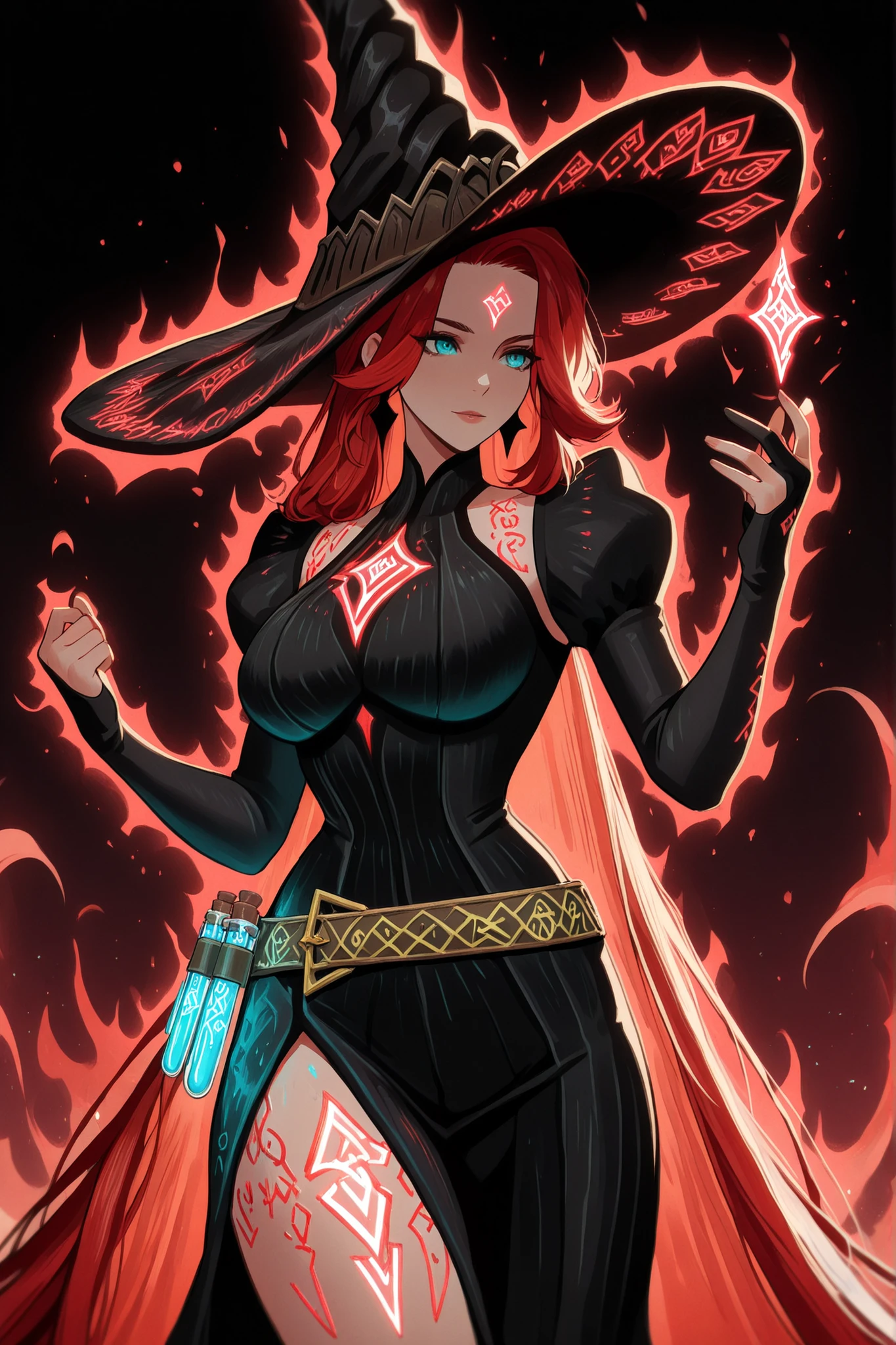 An orange haired female reaper with green eyes with an hourglass figure in a yellow jumpsuit is spinning a scythe in front of a full moon