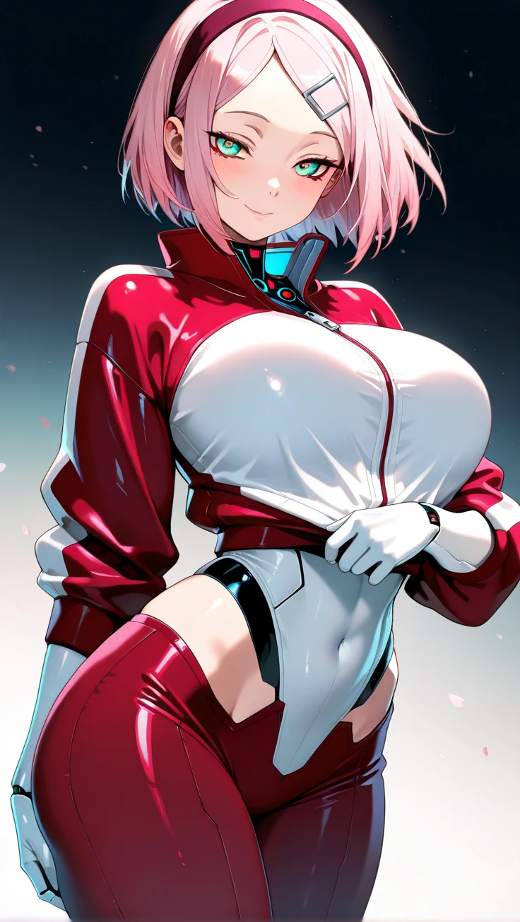 beautiful white female, pink hair, piloting giant white luxurious advanced mech-suit taller than sky-scrapers, open canopy, tight shiny black latex outfit, pixie-cut, hair framing face, sweaty, early morning, dim lighting, cloudy, nudist, big breasts, bare breast, aerola, (nipples:0.9), dynamic pose, dynamic angle