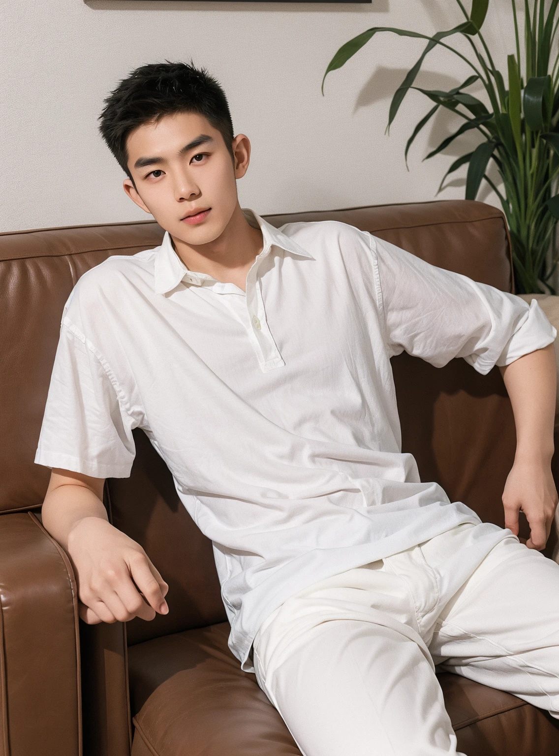 Asian muscular boy sitting on grass, sexy, Dark eyebrows, white shirt, wearing white thong high cut underwaer, white high cut Jockstrap, muscular young male, mid shot portrait, high quality portrait, Attractive pose, cute young man, gorgeous young model, portrait a 25 - year - old boy, casual photography, Realistic. Cheng Yi, cute young man, ((wearing micro string thong))
