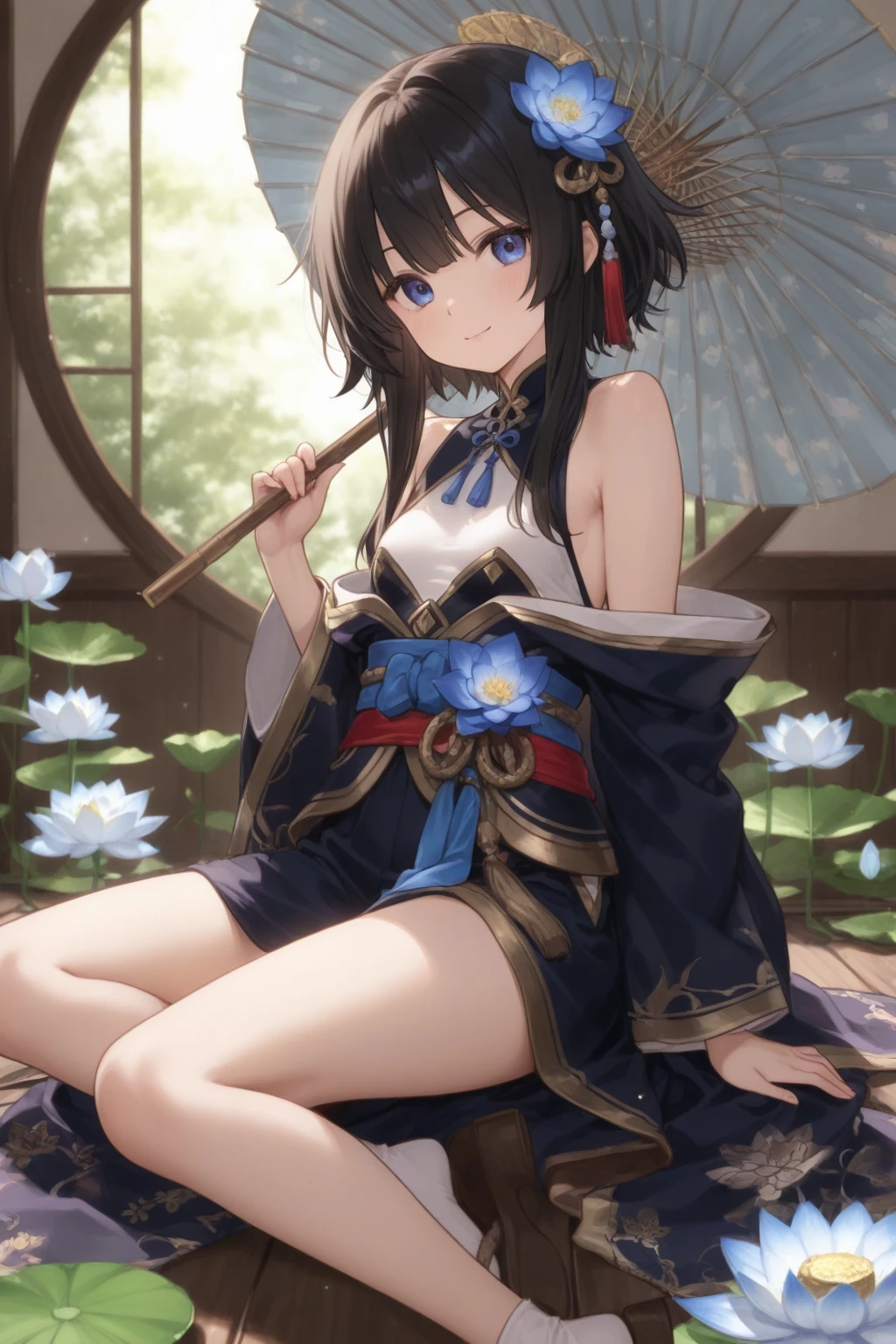 masterpiece, best quality, (high detailed:0.8), 8k uhd, 1girl, slender, Zhaoyu, forest, full body, short kimono, hair ornament, <lora:ZhaoyuV1-000008:0.7>, vivid colors, cleavage, medium breasts