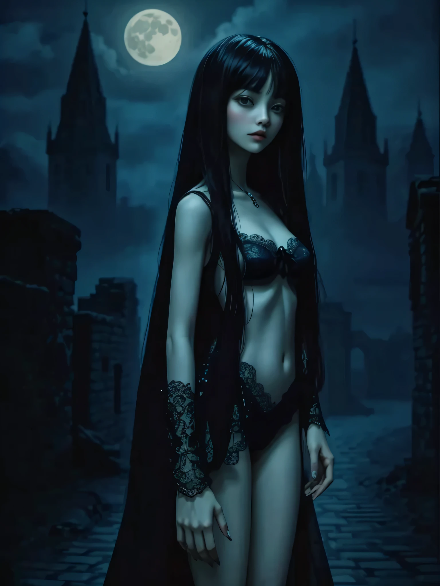 [Detailed illustrations, art based on extremely ideal anatomy, very detailed and detailed drawings, slow and delicate lines, realistic texture expression],((Color tressed lines)),(Artwork with outstanding craftsmanship),(Midnight Ruins (Background of a stone castle with moonlight)) Full Moon,Vampire Girl Japanese Beauty ((Beautiful but sick face, sunken eyes)) Skinny 13 years old (delicate and bony figure) Bare feet (((straight cropped bangs)) Fine beautiful straight long hair (black cat),(Beautiful skin shining on the moon (pale skin)),Cloak of darkness (ribbon lace embroidery),(ephemeral melancholy)) (Moonlight))) Gravure (Sedentary) ((Tindall effect)),((Dark fantasy)),((Fine and beautiful skin expression ( Transparency))),(Perfect and beautiful face,Realistic facial details),(Perfect eyes (Realistic pupil details (Beautiful iris drawn in detail) (Sharp pupil))),((Proportioned and perfect proportions)),(Design built at a high level,((Advanced structural understanding)),Ideal color coordination),(Complex decoration (ultra-dense details))),(Detail,High Definition),[ Ultra-precise detail, High quality, high resolution, (((multi-layered texture))],((Accurate simulation of light-material interaction, understanding of air flow, mechanically correct representation)),(((Visual art with narrative)).