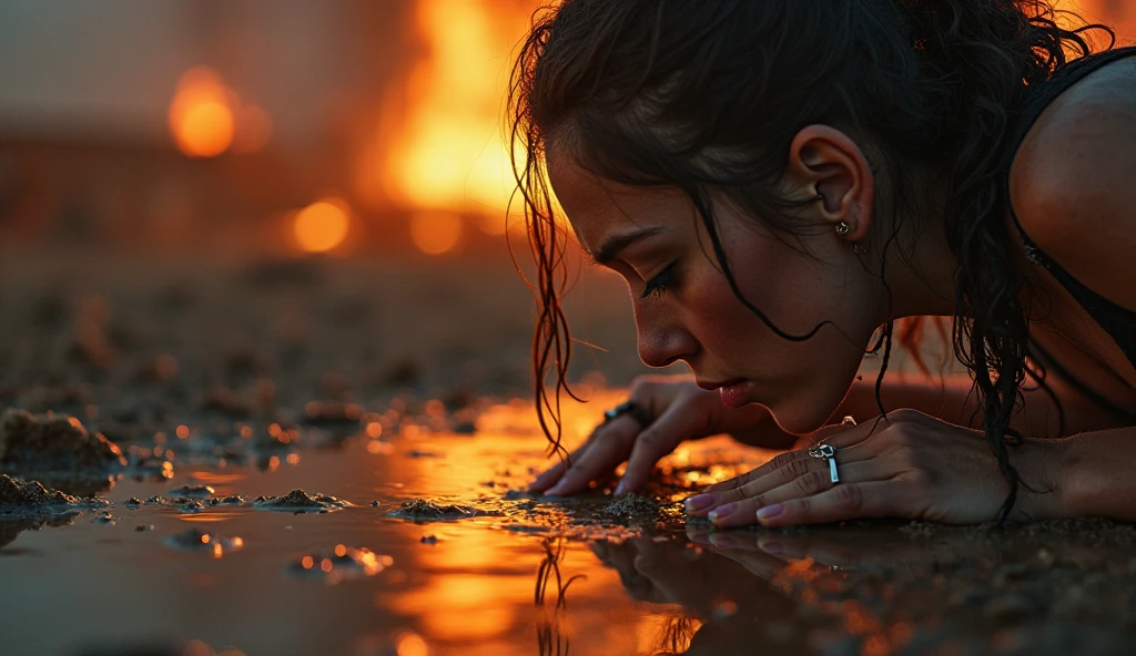 Completely  30 years old woman, very dirty and laying in the mud on a bustling city street