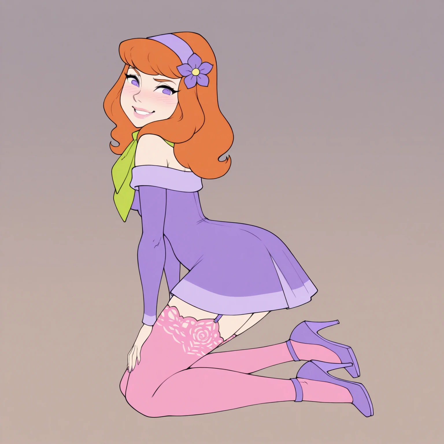 score_9, score_8_up, score_7_up, score_6_up, score_5_up, score_4_up,
BREAK
daphne ann blake, purple headband, orange hair, purple eyes, shy, flustered, blush, smile, happy, half-closed eyes, lustful, long eyelashes,
BREAK
solo, standing, large breasts, cotton thighhighs, green cotton scarf, (purple virgin killer sweater:1.1), pussy juice, bimbo, round breasts, fake breasts, hip vent, sideboob, sleeveless,
BREAK
black background, sketch, godivaghoul, <lora:Lunas-GodivaGhoul-SDXL-B2:1>