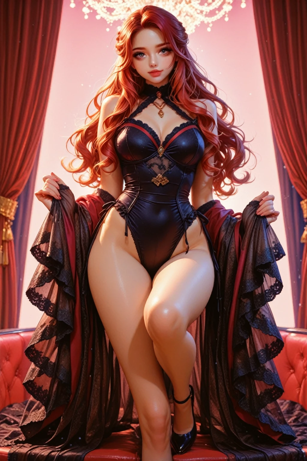 <lora:SaraBellum-v1:1> Sara Bellum, large breasts, eyes hidden by hair, red corset, covered breasts, black stockings, red opera gloves