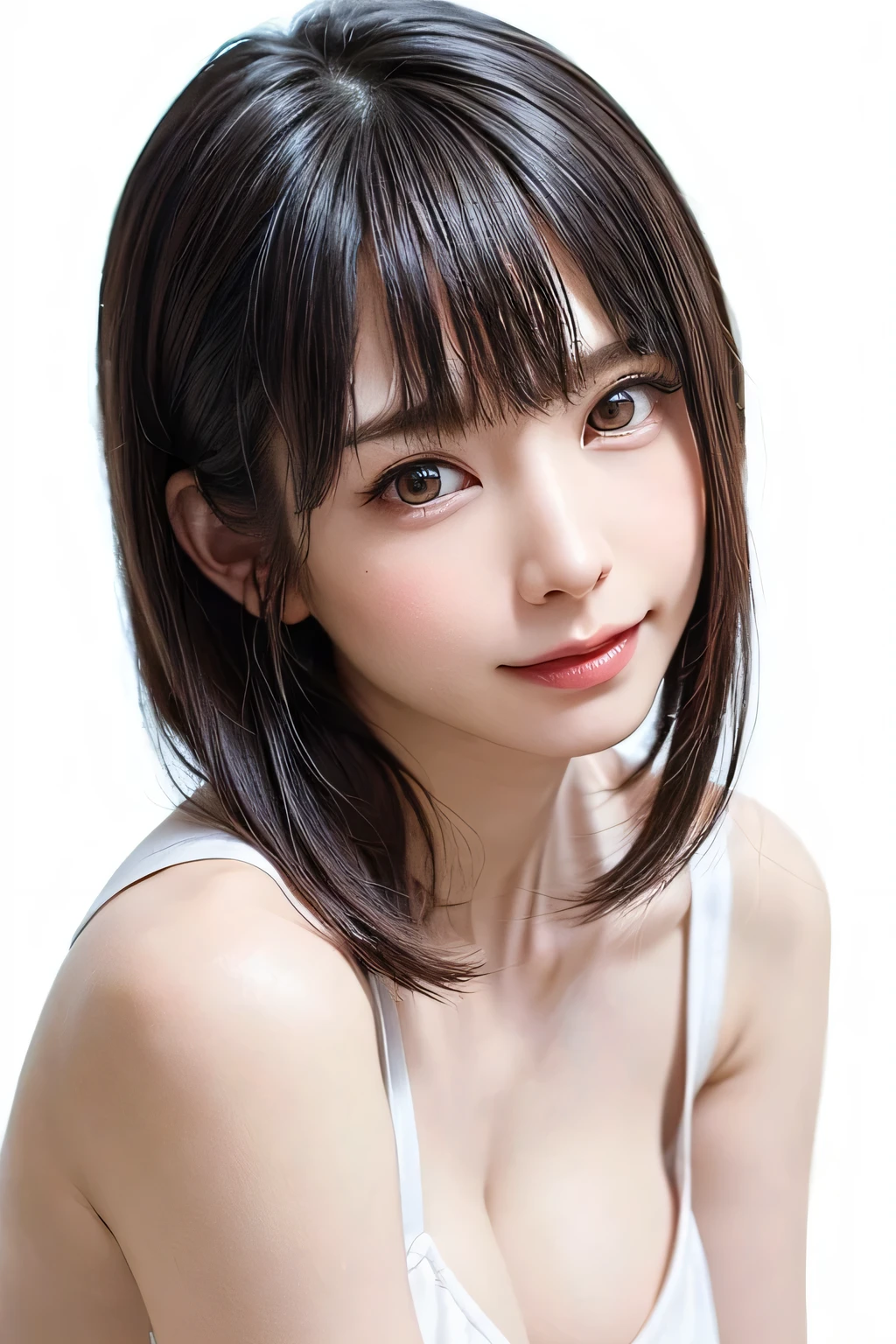 ((masterpiece, Highest quality, High resolution、Realisticですべてが美しく詳細に描かれている)), 1 girl, (Realistic: 1.4), alone, White Background, snow-White Background, Mouth closed, smile, smile, Beautiful black hair, short hair, Big eyes, Transparent double eyelids, eyelash, Listen carefully, Long neck, 美しくLong neck, Absolute area, ((Face close-up)), (Draw the whole head, shoulder), 19 years old, Attractive proportions, Glowing Skin, Beautiful clavicle, Golden ratio face, Perfect Face, Teardrop-shaped mole, chestのほくろ, bangs, clean bangs, beautiful bangs, Lip gloss, Thin lips, Fair skin, naked, Big Breasts, {Huge|big|Hugeな|Mega} chest:2, chestの谷間:2,chestの谷間を見せる、Small face, Small face, All the heads are painted, shoulder all drawn, Point slightly above the camera