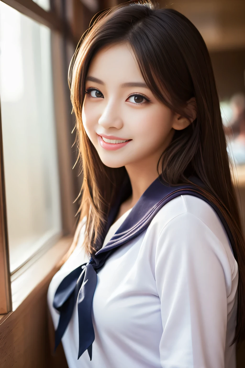 (((32k, high detal,high-detail, masterpiece, Attention to detail, full body Esbian, 独奏))), Arms Down, Breasts squeezed together, Raw photo & realistic atmosphere, beautiful dark blue eyes, Detailed mouth, Glossy lips, Detailed eyebrows, Eyes drawn in detail with soft white skin that shines with every detail, azure eyes,Very beautiful eyes,Detailed lips, Very beautiful face, Very well-formed face, Lifelike face, shiny beautiful lips, Realistic Young Gravure Idol, very beautiful school girl, Young gravure idols, Young Gravure Idol, Beautiful and very cute 20 year old female college student, the whole body is wet, dripped out, with a flushed face, Incredibly beautiful, Sexy and classy. 20-year-old girl, semi-long brown shiny hair, wetting hair, Fine water droplets shining on hair, (Looking at the camera), (A sexy, Healthy toned body, high détails, uniformss, well-shaped breasts that are slightly larger, Mature body, I'm anxious and about to cry, Moist eyes, cold smile,glareing, The sparkling face is also beautiful, High-resolution arm, high-definition fingers, The chest of the uniform opens sexyly, Wearing black pantyhose, Sit with your feet on, High school girl in elegant black and blue uniform sitting upright