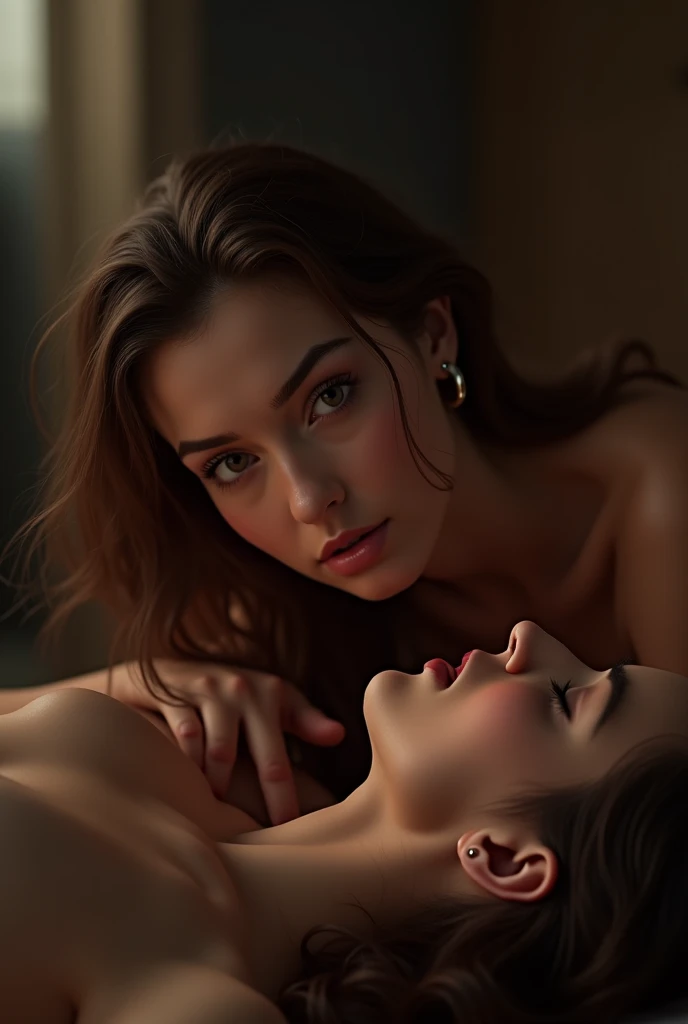 ((a naked woman)) lying on a sofa with legs raised and open, backlit, king, perfect angle, lying down, GROUP, looking from behind, a girls, lying down sobre su espalda con las piernas abiertas, lying on her back with legs open, Front and behind, dominant pose, view from behind, very perfect position (Masterpiece), unclothed. naked, without lingerie. without thong. showing the vagina. totally naked.