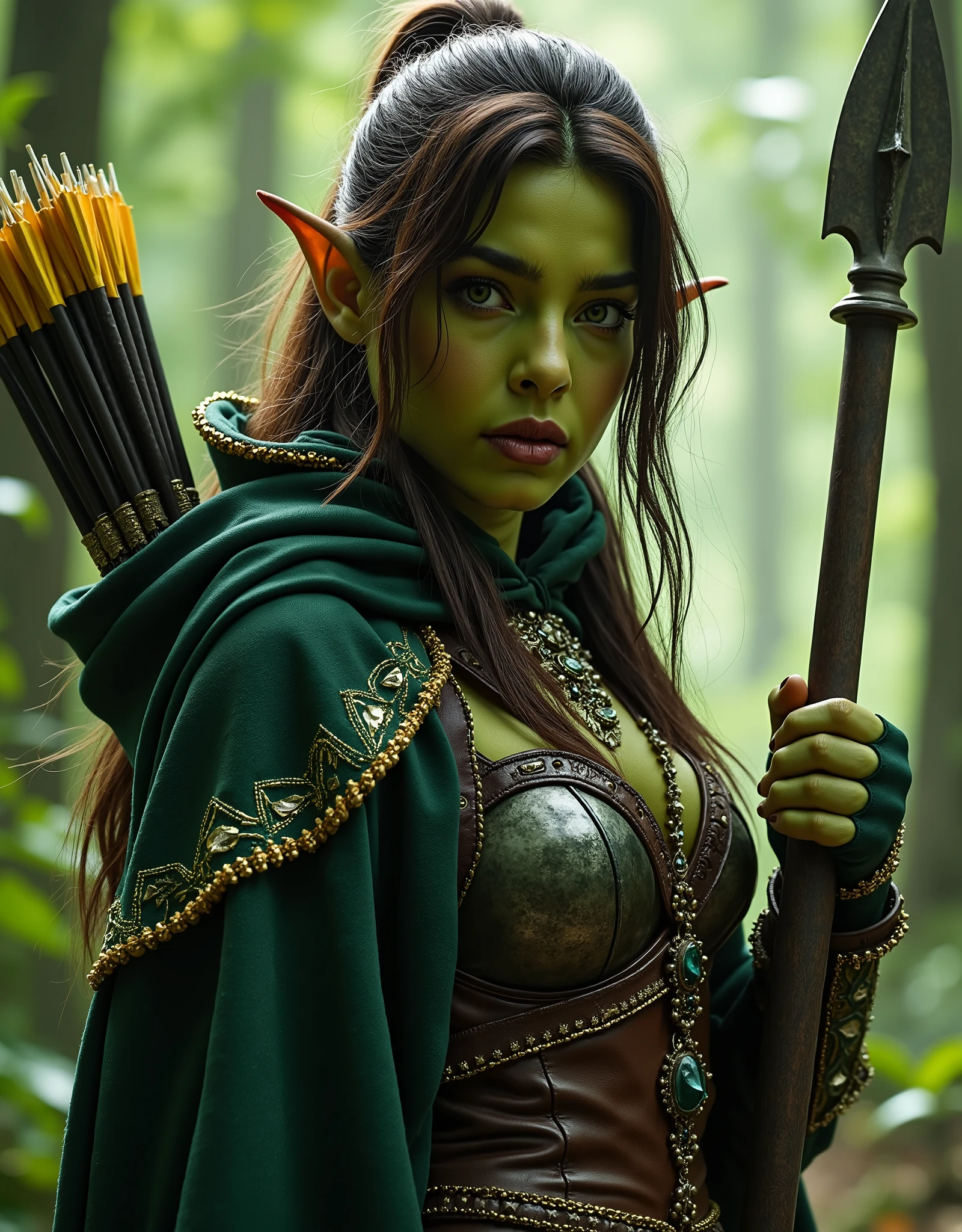 This image features a detailed, medium shot of a female orc character with a fantasy huntress aesthetic, set against a verdant forest background. She appears to have green skin, suggesting she might be an orc, though her features are distinctly human-like and conventionally attractive. (((ATTENTION: She have visible bottom canines.))) She is dressed in a striking outfit consisting of: A dark green cloak with intricate gold trim along the edges, draped over her shoulders and back. Metallic, possibly silver or dark gold, pauldrons (shoulder armor) with ornate designs, complementing the trim on her cape. A large, decorative necklace or chest piece with a central medallion and various dangling elements, seemingly made of gold or brass and possibly incorporating gemstones. Leather armbands or bracers on her forearms, also detailed with metallic elements. Her dark hair is long, with few dreadlocks. Her gaze is direct and intense, looking straight at the viewer. The lighting suggests an outdoor setting, likely within the forest, with soft, diffused light highlighting her features and attire. The overall impression is one of strength, mystique, and an almost regal warrior presence (NO CLEAVAGE, HIDE HER BREASTS) A kit of arrows and a bow on her back. Holding a spear.