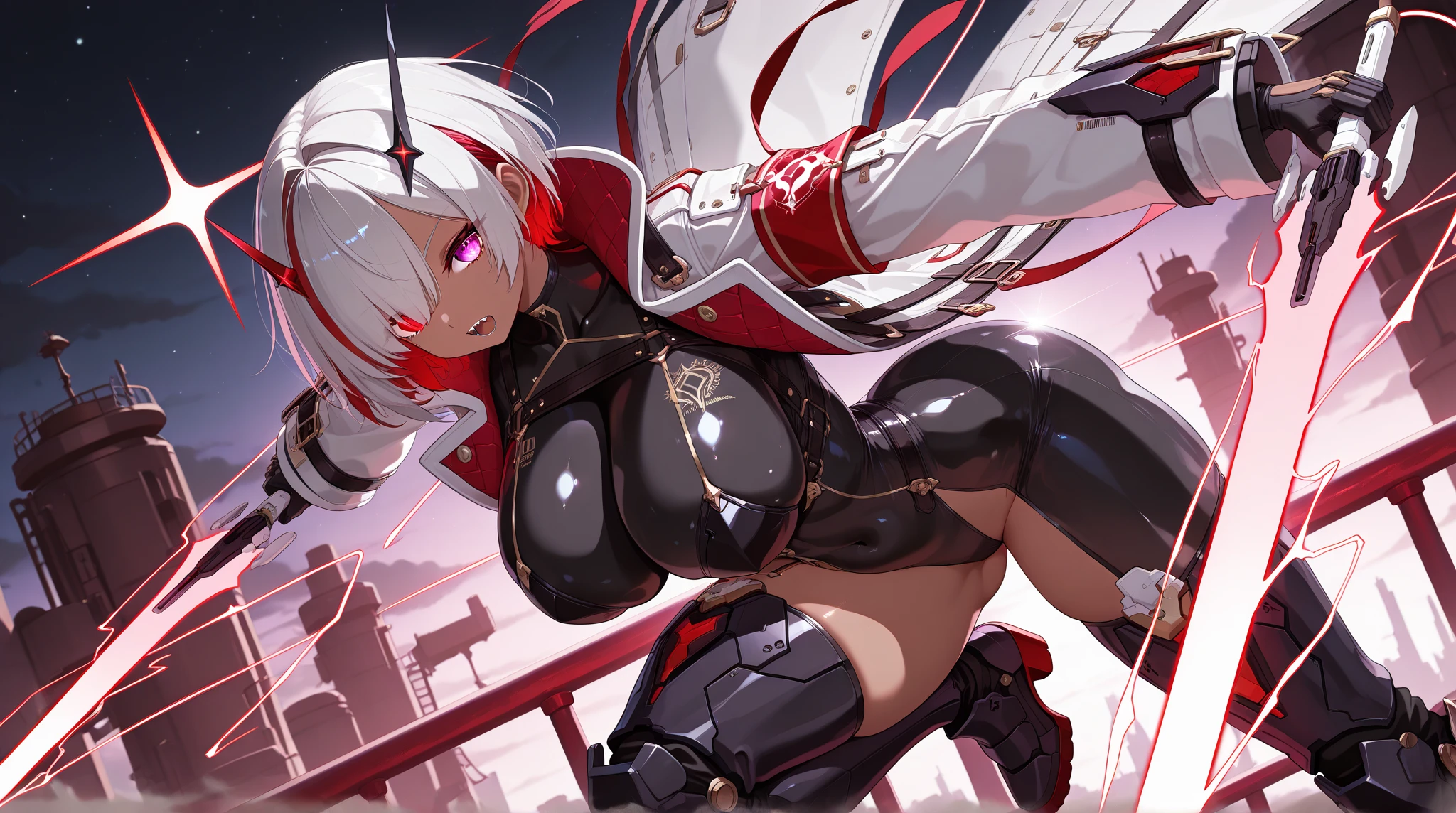 Best Quality, 8k, High resolution, high quality, masterpiece, Beautiful, (Anatomically correct:1.2), A beautiful woman, 20th Generation, Silky gray hair, Straight Long, long bangs that hide one eye, Red eyes, Beautiful Skin, Tall and toned body, pointy big breasts, Black kunoichi costume, Carrying a sword on your back, valley, Model pose, night, skyscraper, evil grin, face focus,