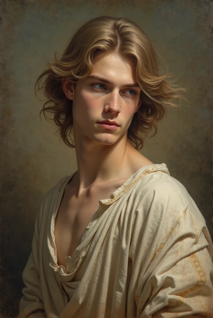 Shirtless 18 yo slim twink wearing torn medieval clothes.