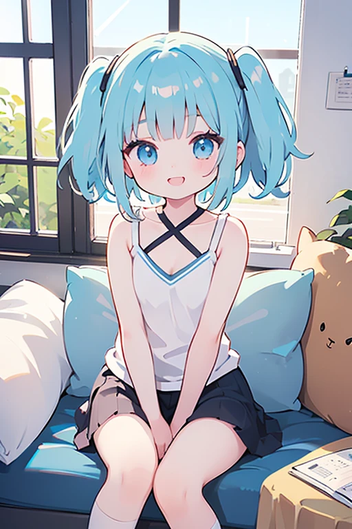 A 5 year old girl（blue  hair，long whitr hair，Wear a white T-shirt，smallunderboob，Blue-eyed，Sit in the study，Facial expression expectation，Clear facial features），closeup cleavage