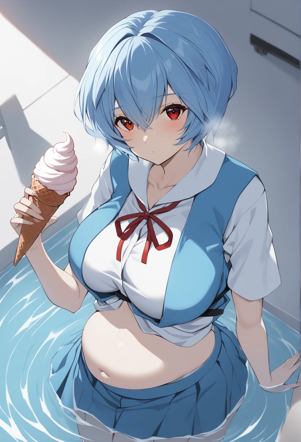 HAZUKIYUZUKO, BLUE HAIR, BANGS, SHORT HAIR, BLUE EYES,, 　(wearing nothing:2),cooking, empty eyes, ICE CREAM, large breasts, 1girl,, pool, sea, , blue sky, nipple　Alone