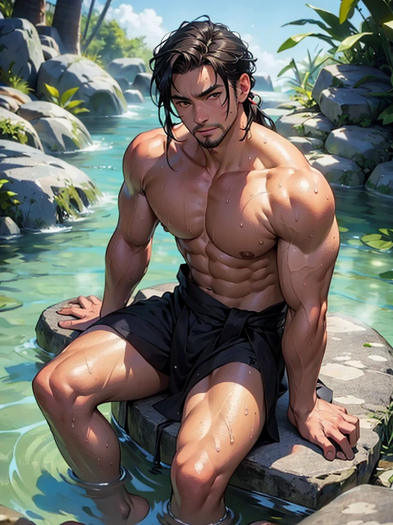 A 29-year-old man handsome and sexy stands at 5'9" with a slender yet muscular build, his grey iris gleaming in the warm light. He is shirtless, wearing sheer briefs with a subtle pattern with huge bulge, and white slide-on shoes. He sits comfortably in a warm hot spring shower, surrounded by a serene atmosphere. The gentle water cascades down his body, creating a sense of relaxation and tranquility.