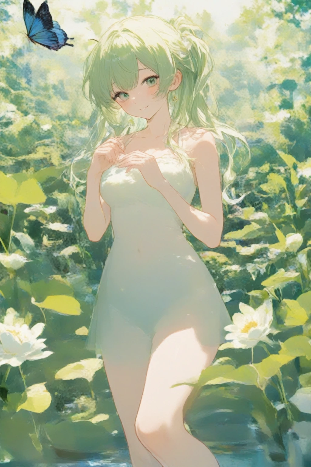 a sexy woman, (best quality), (masterpiece), (1girl), slim, anime, tall, (front view ), (green eyes), (flat chested), (see through), (pubic hair)