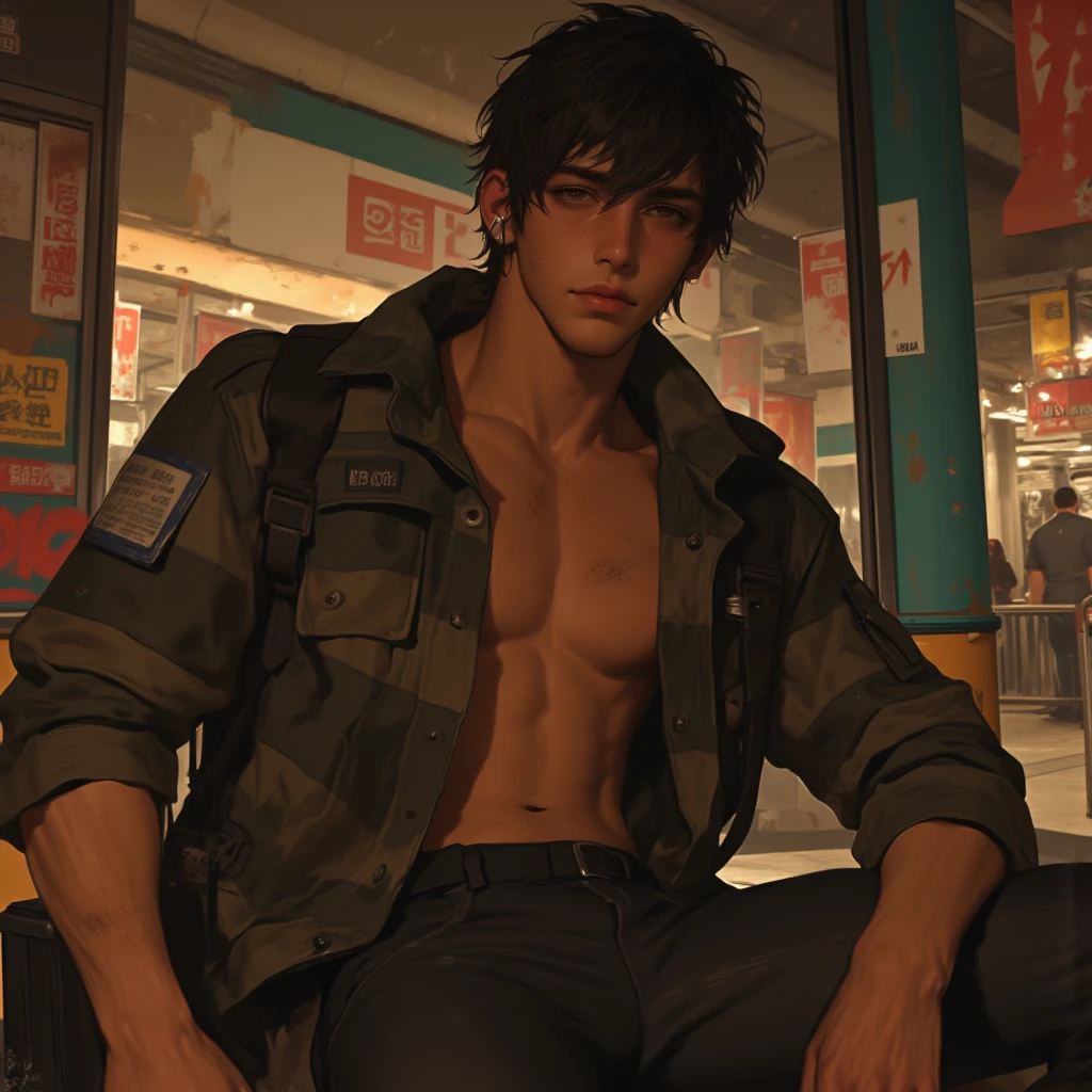 Masterpiece, Accurate, High Quality, Super Detailed, Textured Skin, Brown Hair, Long Hair, Angry, wearing brown oversize t-shirt with word ((ENYO)), Cargo Pants, Action with cigarettes, Modern, 3D Rendering, Film Grain,