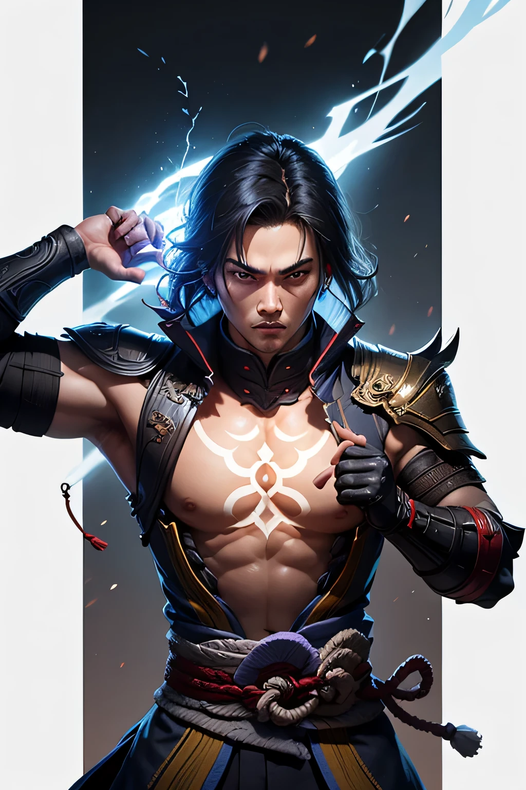 (high quality,ultra-detailed,realistic:1.37),portrait,painting,a man in white pants holding two swords,masculine facial features,detailed eyes and lips,sharp focus,Moebius-style,Moebius artwork,inspired by Masamune Shirow, gritty cyberpunk,Shirow-style,Shirowesque backgrounds,ornate handle designs,japanese swordfighting,wispy smoke effects,martial arts poses,high contrast lighting,moody atmosphere,vivid colors,juxtaposition of organic and technological elements,Goblin Taro.