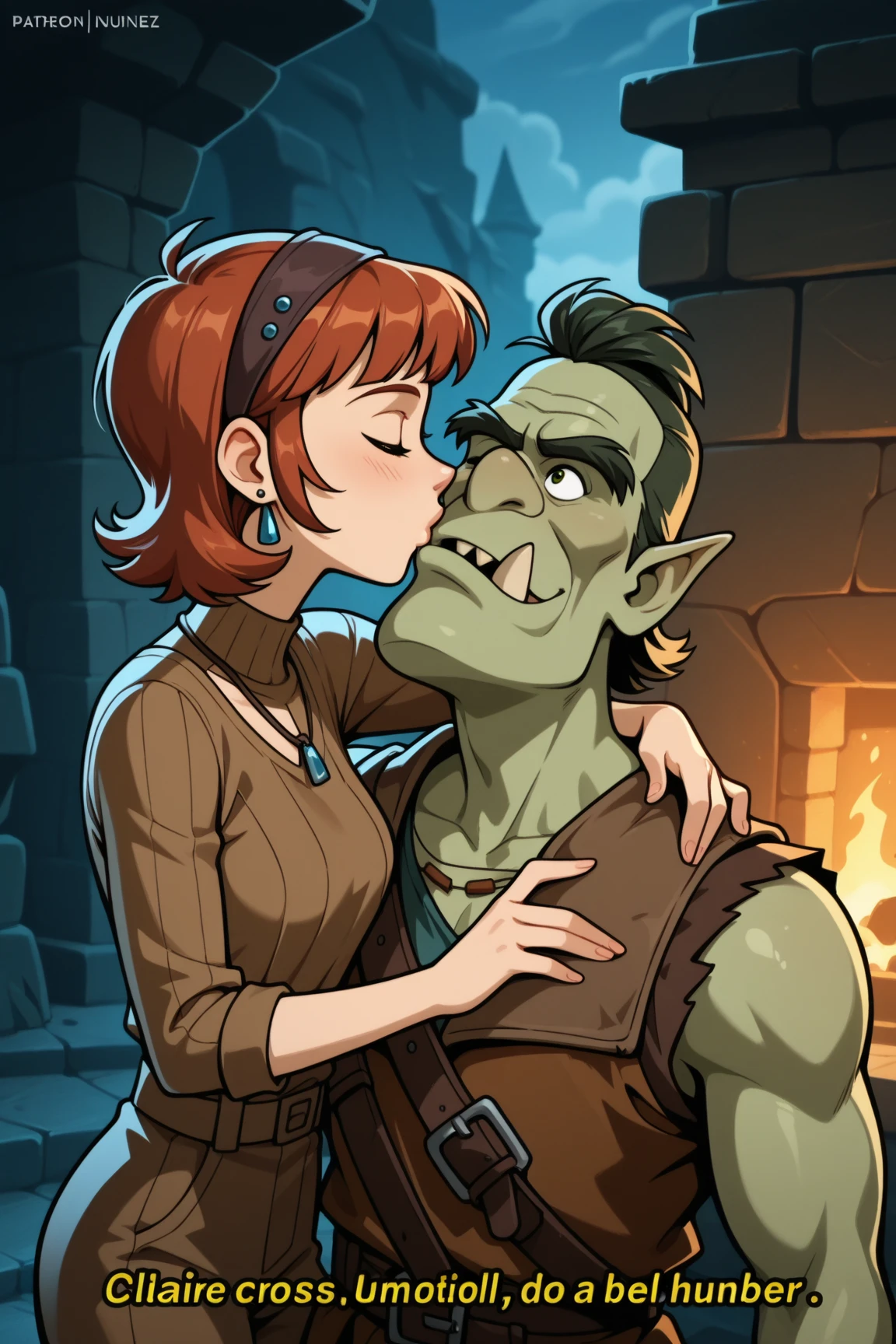 (1girl, 1boy, duo:1.2, (boy is by her side, eye contact) ), (girl is a nude, scared, (redhead long hair):1.1, (olive eyes, face) ), (boy is Orc nude, big penis, muscular, bald), (background, enchanted forest, waterfall)