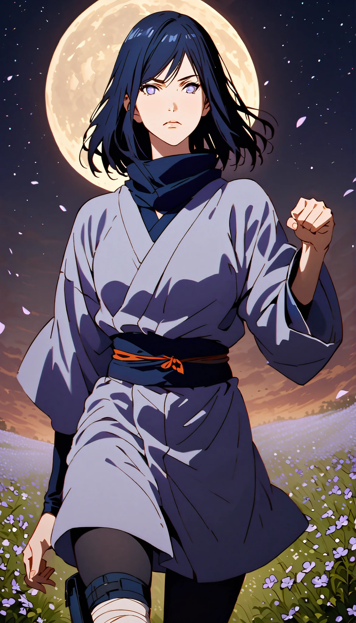 (((IZUMI NASE))), a feminine woman, walking confidently through a field filled with violet flowers, at night, moon background, Style should closely match Naruto or other shounen anime, with accurate anatomy, realistic facial proportions, and clean linework. She has short DARK navy blue hair with natural flow, without highlights, no bangs. Her outfit includes a tactical kimono, and layered leg accessories (bandages, thigh pouch, dark ninja stockings). Her expression is calm but determined, eyes clear and sharp, looking slightly ahead, byakugan like hinata, byakugan neji. One hand is loosely clenched, the other relaxed, just like the reference pose. The background features a melancholic, sad, with glowing stars, gentle wind, petal silhouettes, and sparkles floating. The image must be dutch angle, centered, high resolution, with realistic hands and face, no watermark, and a clean anime background.

