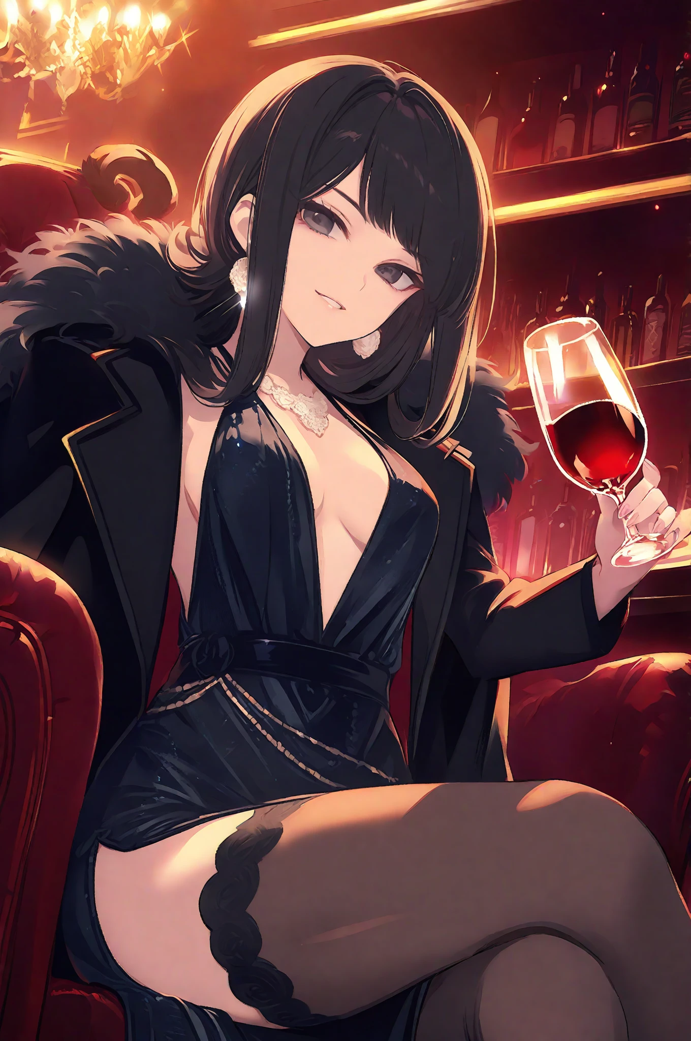 nobara kugisaki, elegant and sexy dress,theatre vip seat,vip seat ,theatre, elegant looking,sitting on chair, glass table,drinking red wine,sexy, crossed legs,white heels, large breasts ,ftont look, mocking smile,seductive face,red nails ,messy hair, pleasure face,smiling, detailed face, detailed eyes, wine in hand,looking at teathre performance 