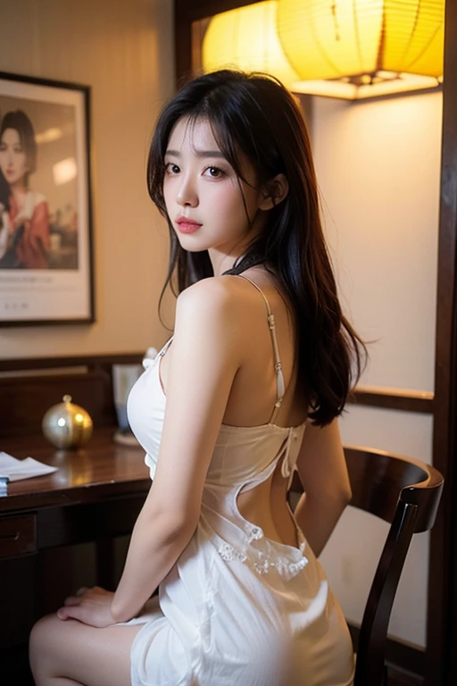 (((best quality))), (((ultra detailed))), (((masterpiece))), illustration,a beautiful girl,solo,slim,thin,messy hair,shoulder length straight bob hair,Dark Circles,Eyes bloodshot,sad expression,sitting on the bed,in a bedroom,halter lace nightgown, deep in thought, dimly lit room, soft glow of a digital clock, dark curtains, seclusion and introspection, disheveled hair, shadowed eyes, sleeplessness, delicate features, fragile beauty, pale skin, rouge on cheeks, heavy atmosphere, silence, soft hum of a refrigerator, woman's expression of deep contemplation, searching eyes, capturing the essence of struggle, vulnerability,dark night scene,from back,bare back,towering hips,butt crack