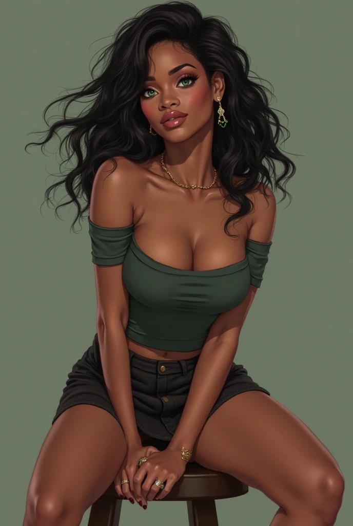 ((((A young woman))), the anime, ( Green eyes), (black hair), Nice face, ssmile, the perfect body, , (((morena))), big breastes, ((tmasterpiece, beste-Qualit)), illustartion, Ультра деталпазированная 8k, Photorealistic, sharp-focus, higly detailed, Professional lighting, Bright make-up, red-lips, Toenails and fingernails are varnished, (dark skin:1,2), short stature, dark skin, Indian woman, African curly hair, Afro-curls, urban style, casual wear, casual shoes, city park, the trees, Flowers, bench, pond