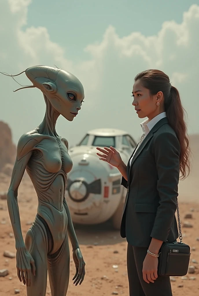 A frightening alien cityscapes, flying vehicles. At night, 1 technologically advanced, organic-realism-infused humanoid female robot, solo, photo realistic, medium-breast:1.3 slim body, cleavage, sling top, miniskirt, (matrix style black sunglasses, holding a short gun), half-body thigh level medium shot, cinematic lighting, ray tracing.