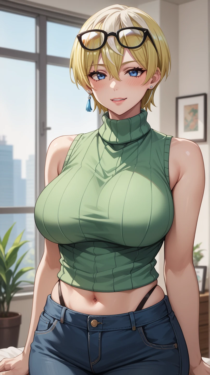 best quality, high-resolution image of Tsunade, the solo female character with blonde hair and blue eyes, articulately captured in a sitting position. Her attire consists of a green robes belted around her waist, a pearl necklace adorning her neck, and a bracelet adorned on one wrist. black gloves cover her hands, while a white shirt peeks out from the open vest, revealing the contrasting black vest beneath.Her short hair is styled in an expressionless manner, framing her face as she crosses her legs in a ruined setting. Torn clothes surround her, adding to the drama of the scene, with her huge breasts subtly visible as they spill out