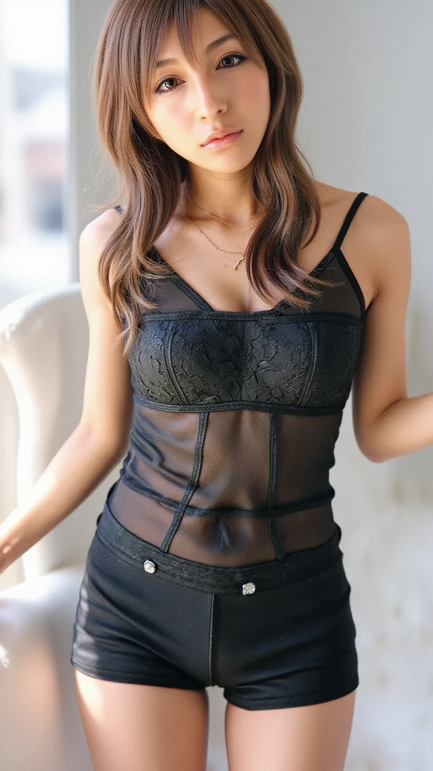 Ariana Grande, transparent lace camisole showing nipples, super small transparent skirt, dynamic sensual pose, touching her body, tattoos