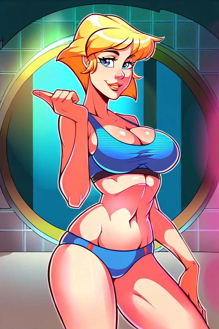 Scenario: Simple background character: woman alone: cos, cos inteiro, End to end: Tall and slender, com cos de ampulheta. Toned and muscular physique. thin abdomen. Perfect Anatomia. (hands on hips, good hands, BETTER HANDS)