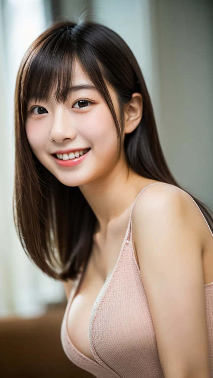 masterpiece,best quality,(Japanese ),((Beautiful girl)),cleavage,indoor,(perfect body beauty:1.2),(shy smile),beautiful teeth,