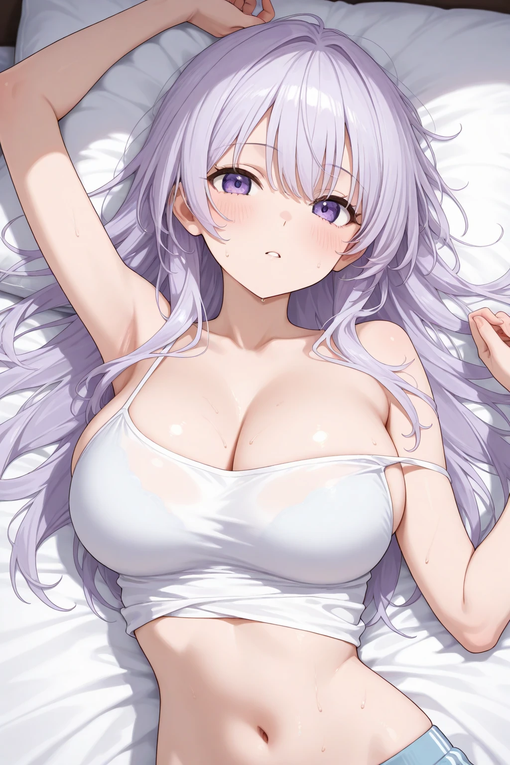 1girl,solo,(breast focus,closeup upperbody:1.3),faint smile,(Independent and deformed breasts:1.3),(avalanched breasts:1.3),breasts bulge BLEAK A girl lying on a bed seen from directly above,(from directly above:1.3),lying on bed,dakimakura,BLEAK Bunny suit,leotard,
