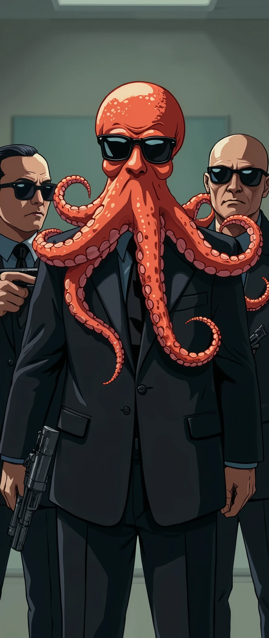 high resolution images in front of the teacher,the boss in the mafia is an octopus、surrounded by 4 subordinates with machine guns in black sunglasses and black clothes、The laughing boss octopus