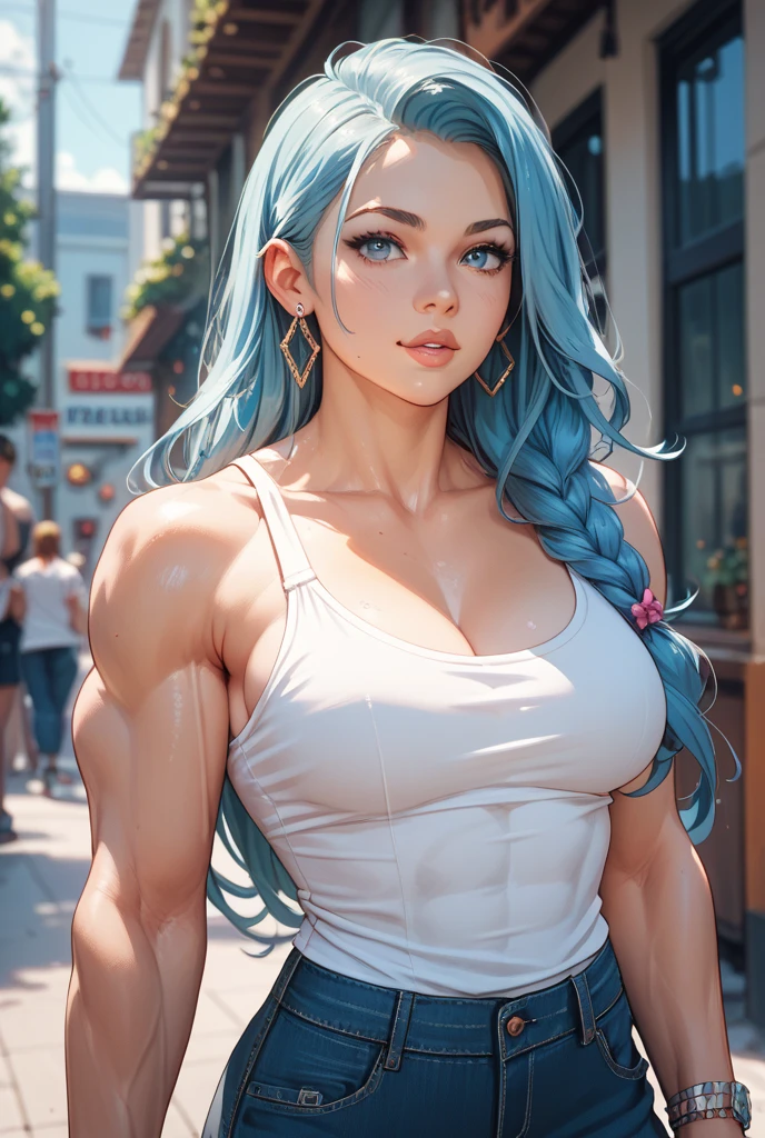 best quality, masterpiece, 1girl, beautiful Valeea Sanguinar, 30 year old woman face, very curvy, wide hips, wide shoulders, perfect eyes, (feminine), (bodybuilder:1.9), (big breasts:1.9), full swollen muscular body, full big wide breasts, flexing muscles, green and white hair with blue tips, braids, glowing indigo eyes, mage, wizard, magic ice shards, white and blue very small sexy cloth, very small bra, crop top, anchor pendant, mountains background, castle, looking at viewer, volumetric lighting,