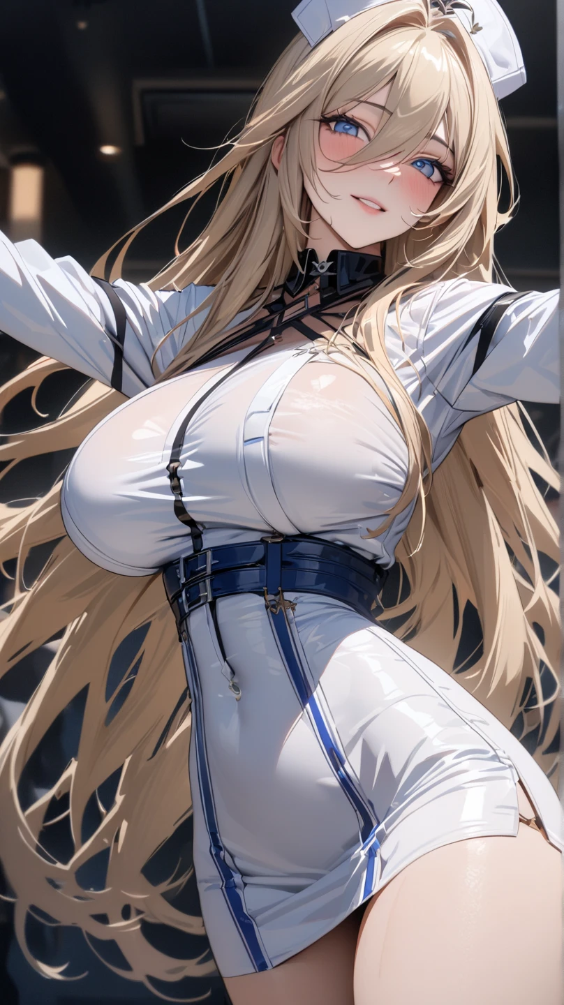sensual, long blonde hair, thick thighs, 8K, 4K, highest quality, High resolution:1.2), cute anime face, noise reduction, shining blue eyes, gentle smile, Gentle eyes、wearing a headband, White bodysuit、toned abdominal muscles, muscular arms, muscular legs, (((exposed nipples))). , young face, anime chic eyes, Lock,,O-ring,elbow bag,collar,cuffs ,thigh strap,thigh boots, Harness、全身Harness、garter belt、(((Rear view、emphasize the buttocks、T-back that digs into your butt)))、(((big breasts、Breasts that are about to burst)))