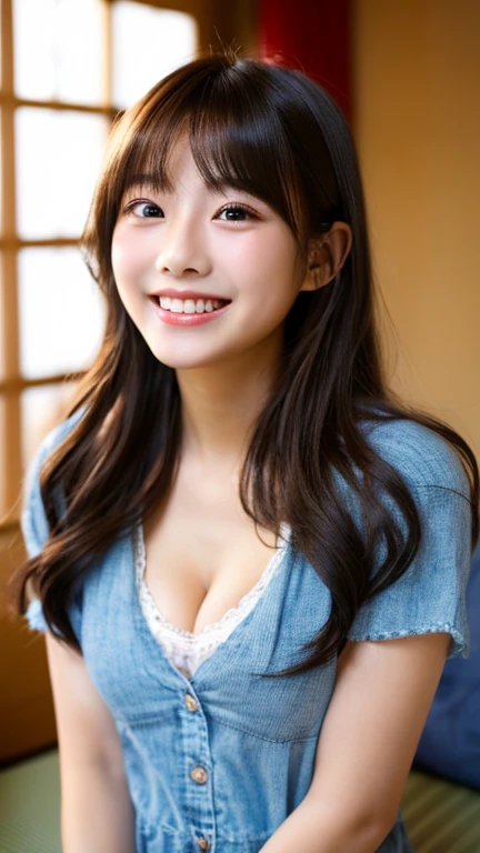 masterpiece,best quality,(Japanese ),((Beautiful girl)),cleavage,indoor,(perfect body beauty:1.2),(shy smile),beautiful teeth,