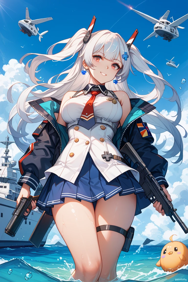 Kashima、blush,smile、Silver Hair、Combat Uniform、Primary school students、The back is very small、Lolita、Small breasts、Please show me your armpits、exterior: 14 years old、Shoulder Bare、The clavicle is visible、Sexy thighs、Beautiful feet、Usual hairstyle、highest quality, High resolution, unity 8k wallpaper, (shape:0.8), (Beautiful and beautiful eyes:1.6), Highly detailed face, Perfect lighting, Extremely detailed CG, (Perfect hands, Perfect Anatomy),