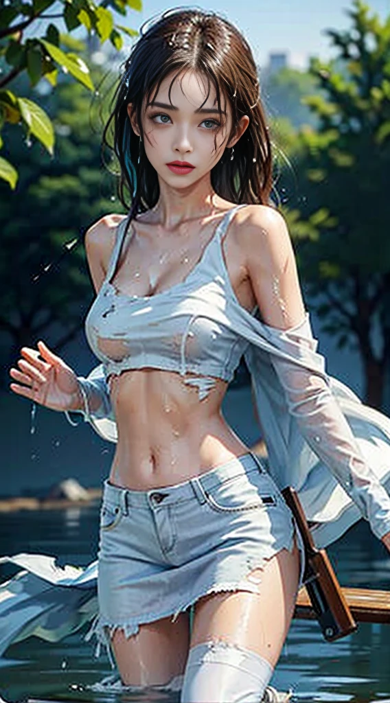 masterpiece, absurd, Ultra-high resolution,(Photo-realistic:1.4),1 girl,laughing out loud, No.18,Medium breasts,Medium to long brown hair, ((Heavy rain, FOG, wet, see through)),(Blue High School,nounderwear),School entrance,A woman holding an adult toy, Squirming under Tobikko&#39;s remote control,The crotch is dripping with intoxicating, which is coating the underwear and inner thighs.She blushed and looked at me.,underwear,city View,