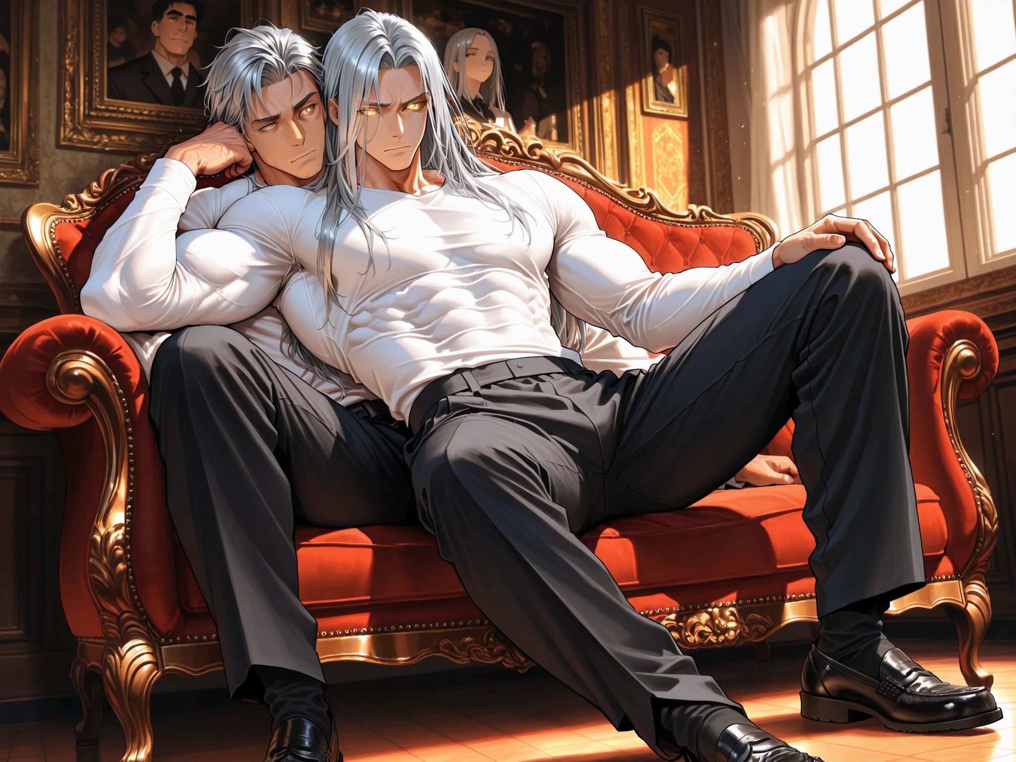 Tall, handsome, statuesque, masculine, adult centaur is platinum blonde, he has long straight platinum hair, blue eyes, a beautiful embossed torso, isabella croup. Realistic image.