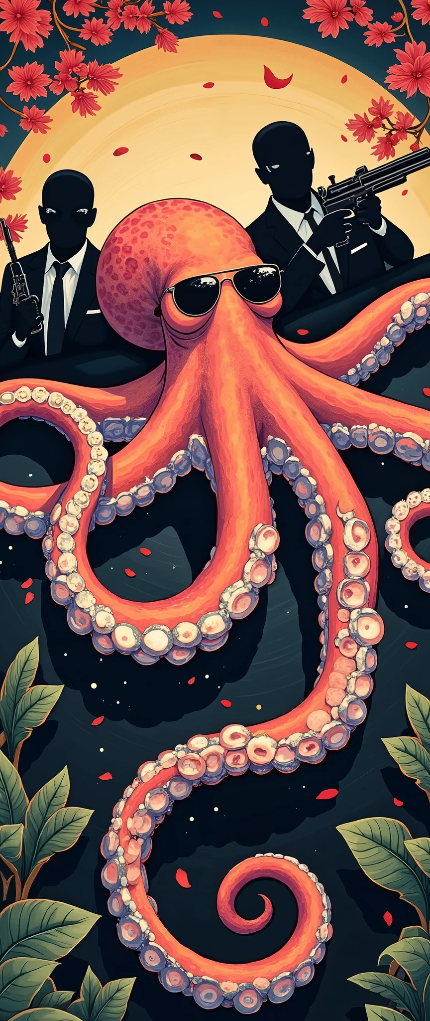high res image、The mafia boss is an octopus、surrounded by 4 subordinates with black sunglasses and machine guns dressed in black、The laughing boss octopus