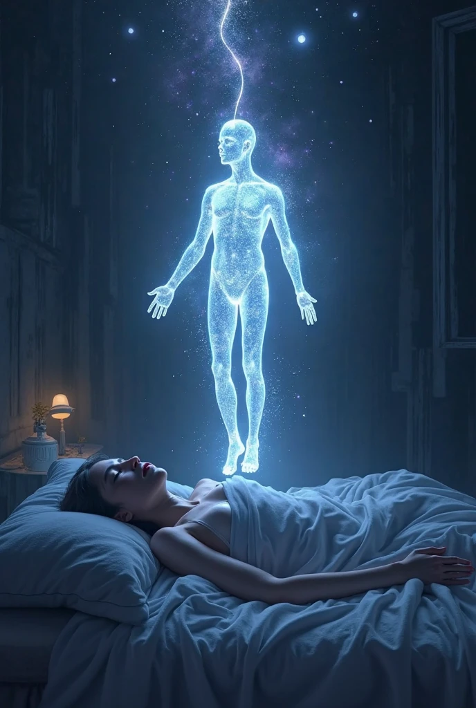 A person is lying on a bed, with eyes closed and an expression of calm and concentration on his face. Above your physical body, an ethereal and translucent figure, representing your astral form, is rising. The astral form is a bright, slightly hazy version of the person, connected to the physical body by a silver thread of light that appears to pulse gently. The surrounding environment is a dark and quiet room, with a light mystical mist and floating points of light, creating an atmosphere of serenity and mystery. The astral plane above is vast and starry, with energy vortices and vibrant colors that suggest other dimensions and spiritual realms