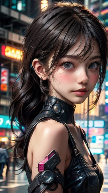 grey high ponytail, heavy makeup, cute, technical, 8k, best quality, masterpiece, Illustrations, extremely delicate beauty, very detailed , CG , Unity , wallpaper, amazing, fine detail, masterpiece, best quality, official art, extremely detailed CG Unity 8k wallpaper, smile, tomboy, big eyes, perfect eyes, highly detailed, sharp focus, rich background, loli,, breasts, blurred background, bangs, bare small breasts,, realism, in cyberpunk city, intense edge light , in the summer
