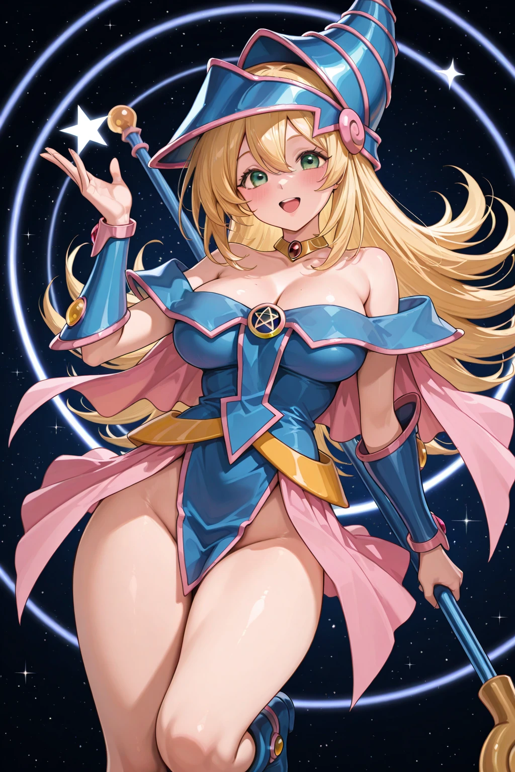 Black Magician Girl、super breasts、thick thighs、blonde hair、magic circle、magic wand、Leotards that dig into the buttocks、