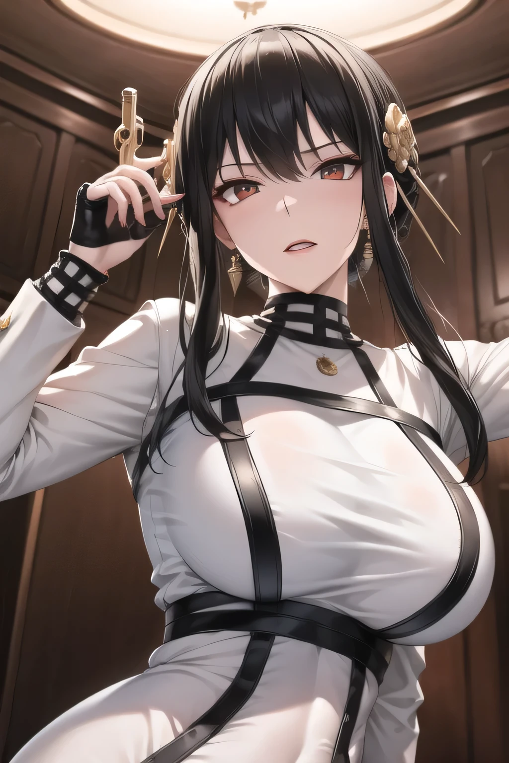 masterpiece, best quality, highres, aayorf, sidelocks, gold hairband, hair ornament, red eyes, gold earring, large breasts, choker, bare shoulders, black dress, two-sided dress, fingerless gloves, thigh boots, cowboy shot, standing, field, from side,