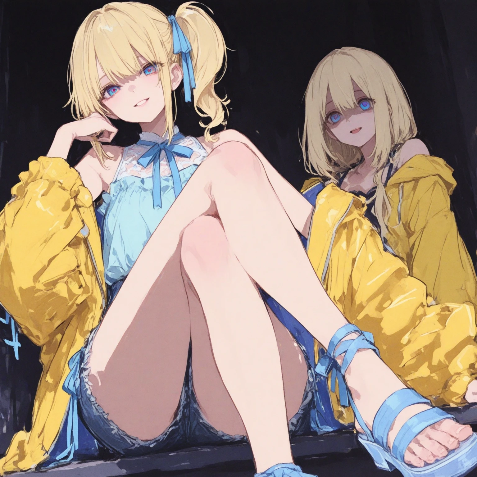 Masterpiece Top Quality High Resolution ,1 girl in、Full body like、Detailed Limbs、Delicate body、in her 20s、 Blonde Shorthair, caps、Oversized tops、off shoulders、shortpants、White loose socks、Colorful sneakers、Grinning face, I sat down for PE..、Beautiful full-length images