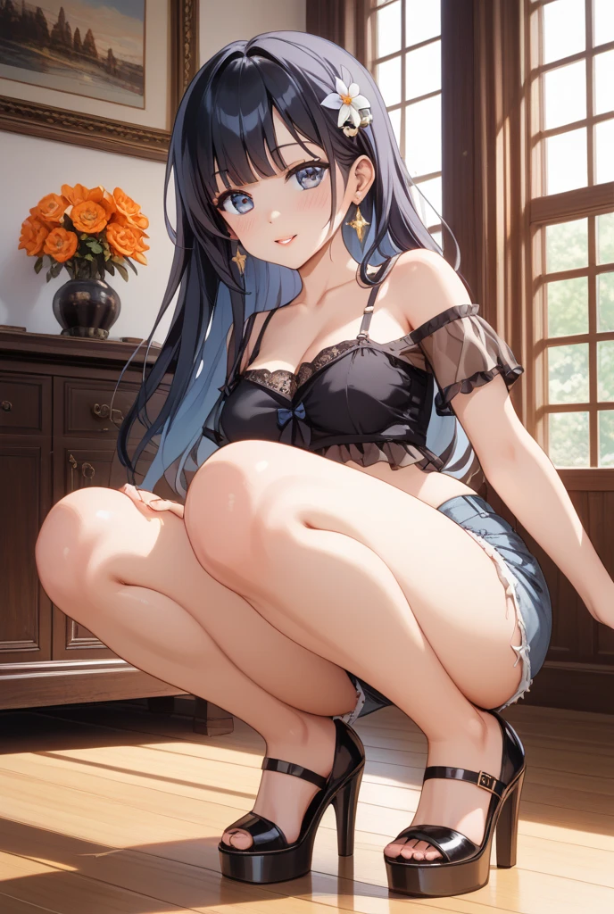 (masterpiece, best quality:1.2), cowboy shot, solo, 1girl, yukinoshita yukino, ((smile smug face:1.4)), ((looking at viever:1.4)), ((short jeans:1.4)), ((black tank tshirt:1.4)), ((underboob:1.4)), ((fishnet stockings:1.4)), ((full body)), ((squating:1.4)), ((spread legs)), living room, ((black converse shoes)),